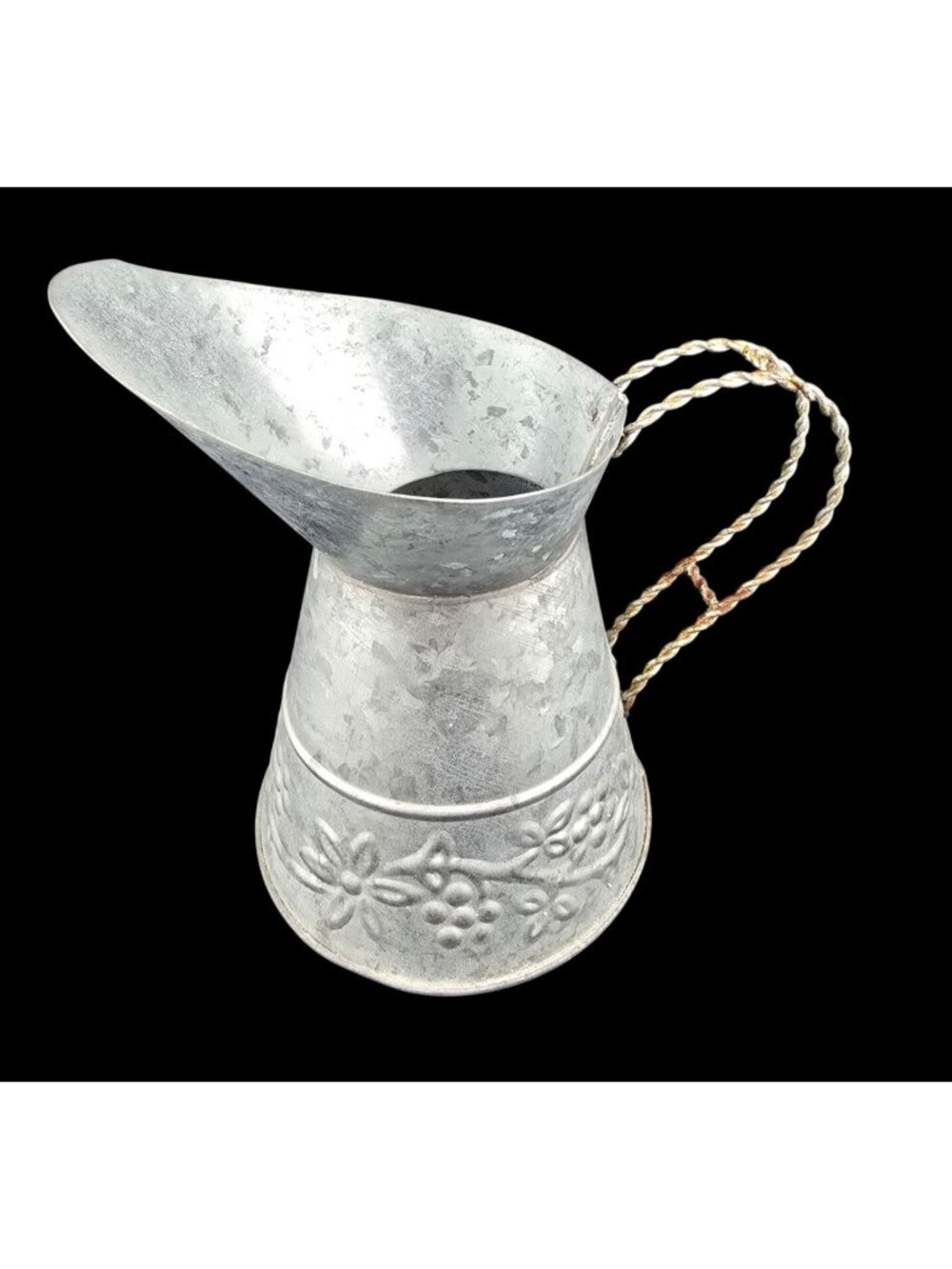 Galvanized Metal Pitcher With Embossed Floral Design & Twisted Handle - Picture 1 of 15